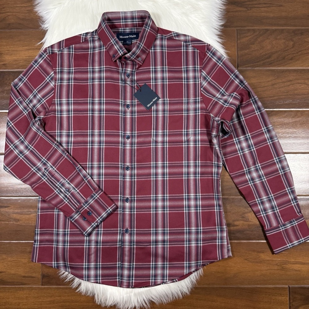 Mizzen + Main Sz Large Garnet Thomas Plaid Button City Flannel Twill Shirt‎ Trim